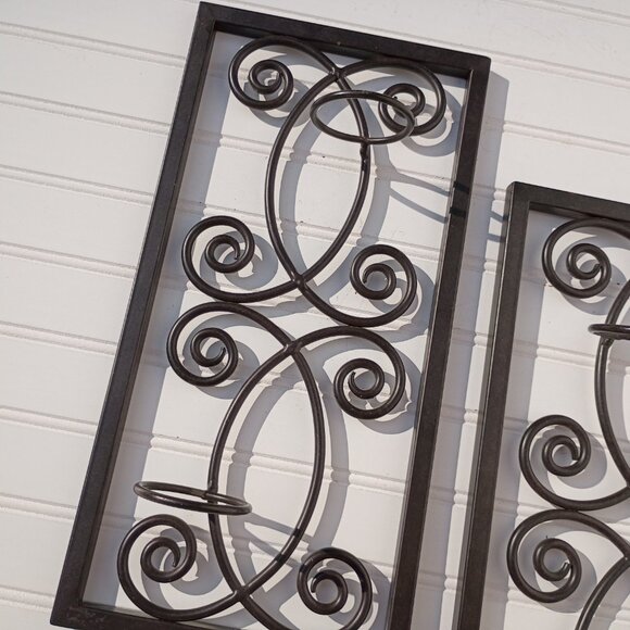 Wrought Iron Wall Sconces Heavy Metal Candle Holders Scroll Design Wall Art Vtg - Picture 4 of 10